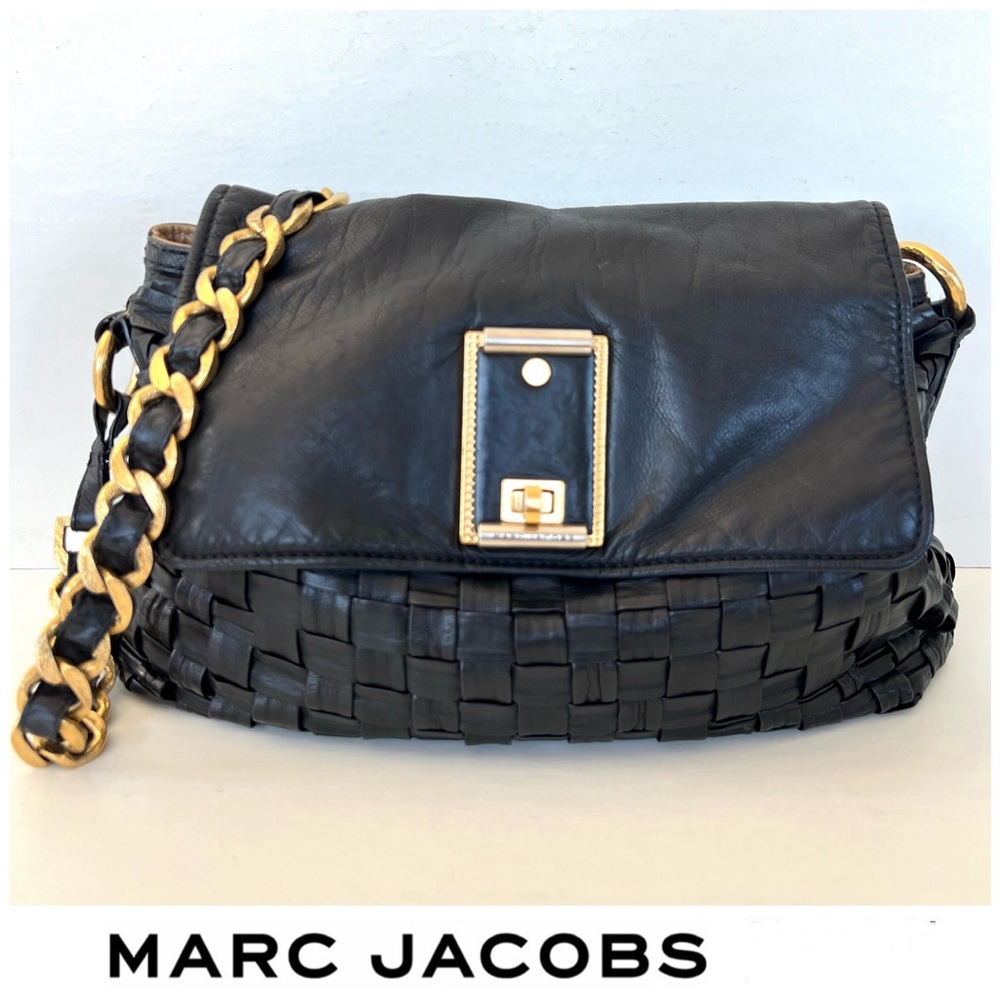 MARC JACOBS Bianca Black Woven Soft Leather Gold Chain Lrg Shoulder Bag Satchel